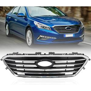 Front Bumper Chrome Black Upper Grille Compatible for 2015 2016 2017 Hyundai Sonata Factory Style Grille