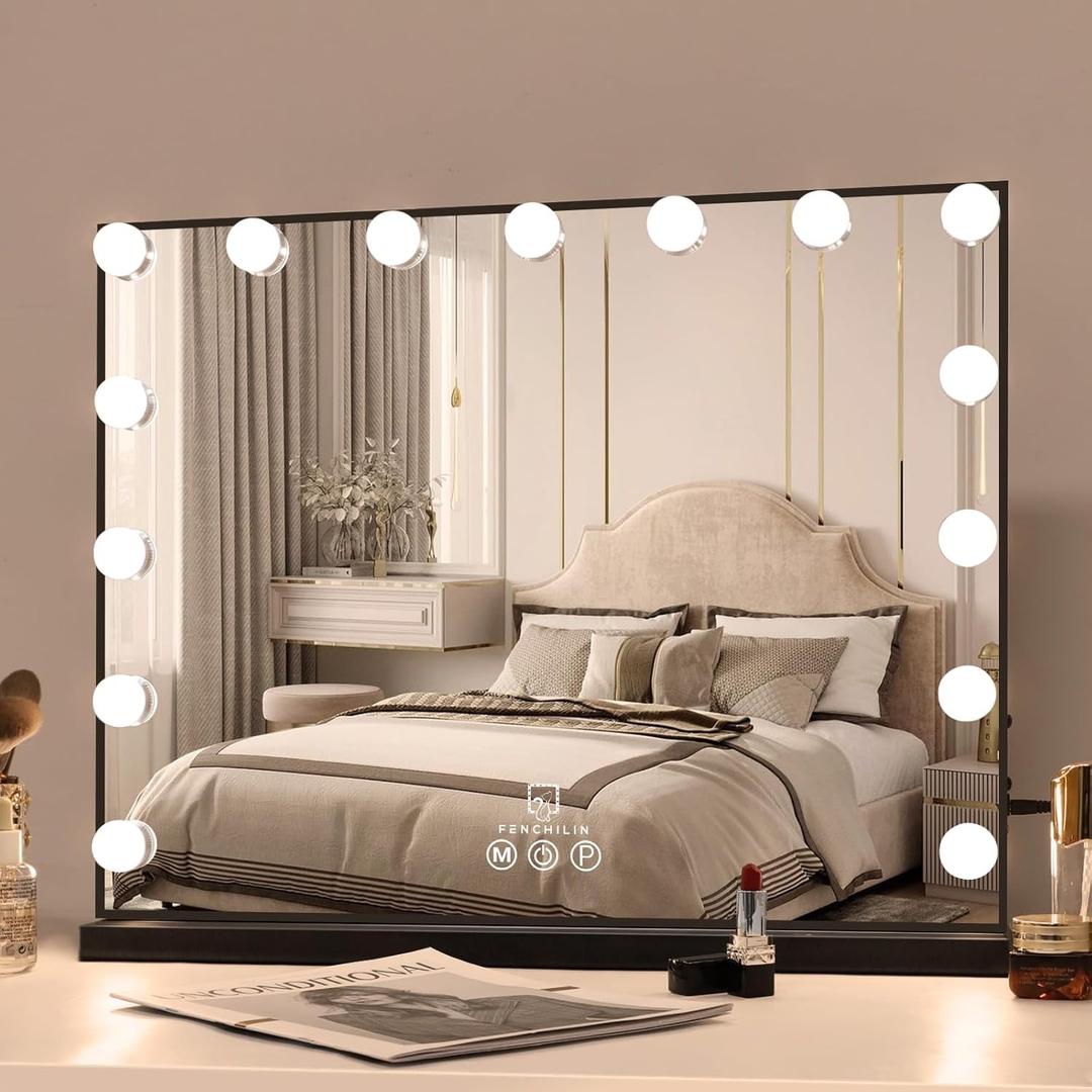 FENCHILIN Vanity Mirror with Lights 22.8''x 18.1'', Hollywood Lighted Mirror with Dimmer Bulbs, Vanity Makeup Mirror Smart Touch Control, Tabletop, Black