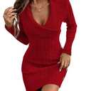SOLY HUX Women's Elegant Wrap V Neck Mini Sweater Dress Long Sleeve Button Bodycon Ribbed Knit Dresses Pure Red Large