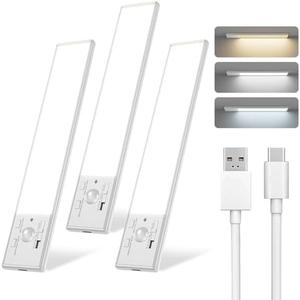 FBY Under Cabinet Lighting, 12 Inch Motion Sensor Light Indoor, 1800mAh USB Rechargeable Closet Light, 3 Color Temperature Operable LED Lights, Can Be Used for Wardrobes, Cabinets, Stairs (3 Pack)