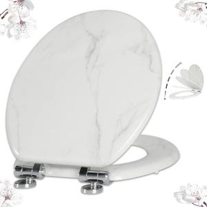 Angel Shield Marble Toilet Seat Durable Molded Wood with Quiet Close,Easy CleanQuick-Release Hinges (Round,White Marble)