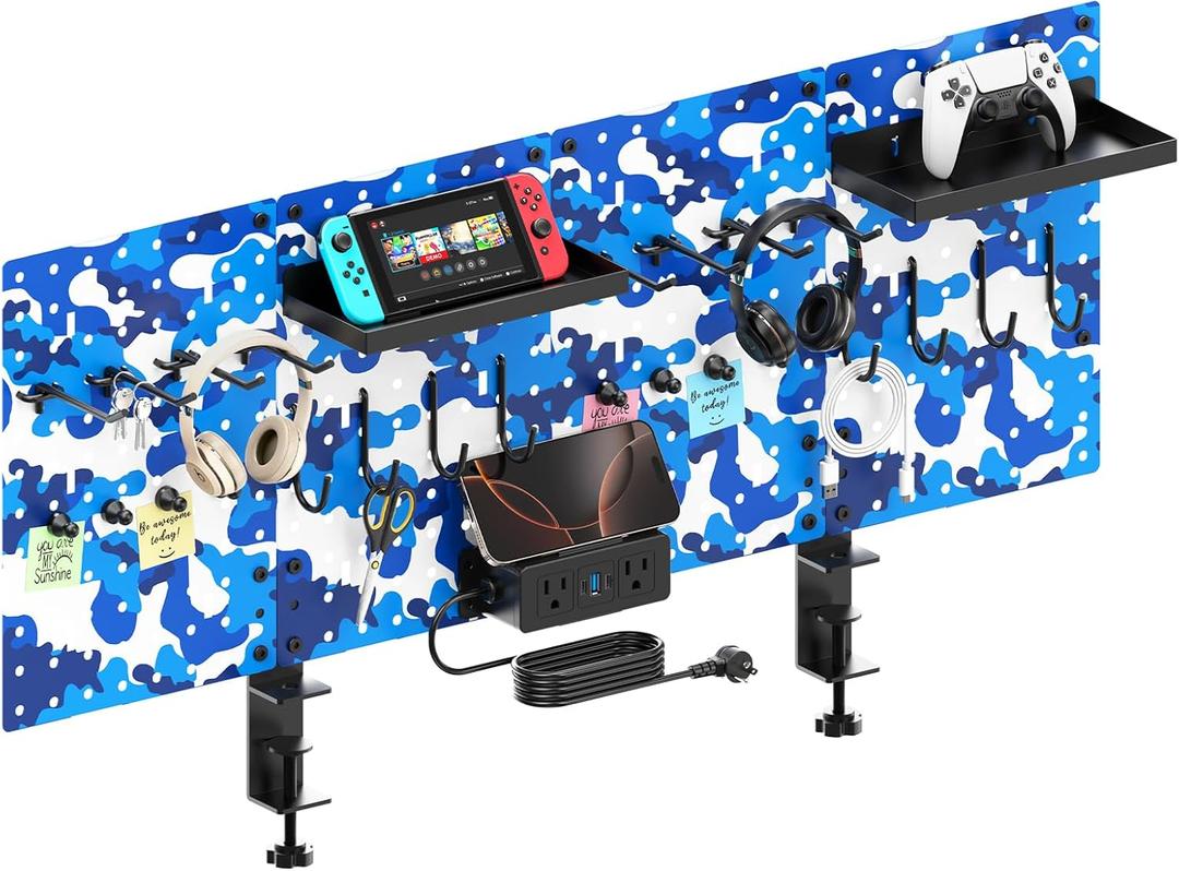 CCCEI Desk Organizer and Storage with Charging Station, Navy Blue Clamp on Table Pegboard, Gaming Standing Office Supplies Shelf Accessorie, Metal Peg Board Privacy Panels, Gifts for Men, 6FT.