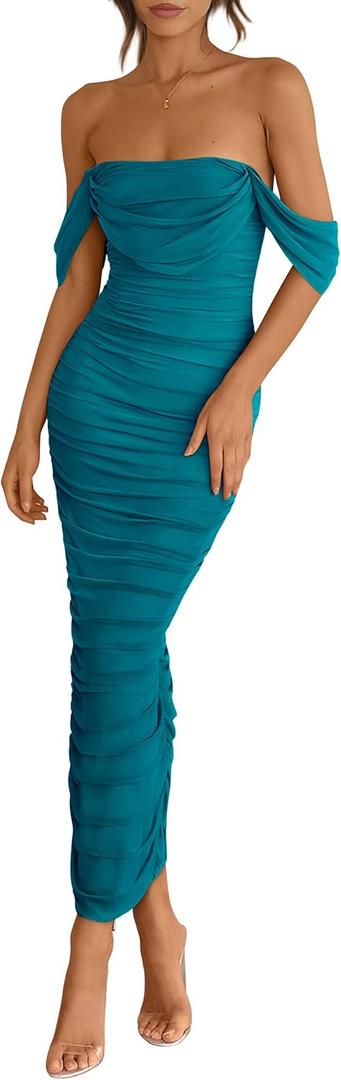 PRETTYGARDEN Womens 2026 Summer Off The Shoulder Dress Ruched Bodycon Sleeveless Split Cocktail Party Maxi Dresses L