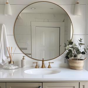 ANDY STAR Gold Round Mirror, Large Brushed Gold Round Bathroom Mirror, Brass Circle Mirror 32 inch, Modern Vanity Mirror in Stainless Steel Metal Frame for Home Decor, Entryway, Living Room