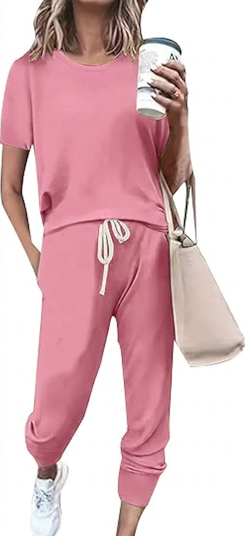 LEMOSEW Plus Size Women's Sweatsuit Set Casual 2 Piece Outfit Color Block Pajamas Short Sleeve Top and Sweatpant Pink Large