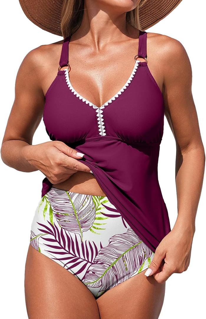 Aleumdr Tankini Swimsuits for Women 2 Piece Tummy Control Bathing Suit V Neck Tankini Top with High Waisted Bottom (X-Large)