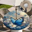 Round Outdoor Tablecloth with Umbrella Hole, Zippered Fitted Tablecloth with Elastic Edge, Waterproof Table Cloth Cover for Picnic Party Fits 37"-44" Round Table, Blue Butterfly