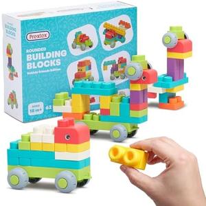 PREXTEX Soft Building Blocks for Toddlers 18 Months and up- 62-Piece Rounded Multicolored Bricks - Educational Toy - Vehicle Friends Edition for Interactive Family Fun and Creative Play