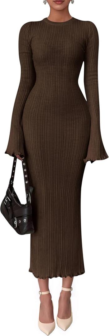 PRETTYGARDEN Sweater Dresses for Women 2026 Fall Bell Long Sleeve Crew Neck Bodycon Maxi Dress Winter Ribbed Knit Outfits (Brown, X-Large)