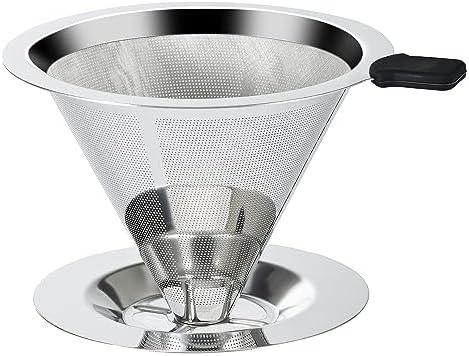 Pour Over Coffee Dripper Slow Drip Paperless Coffee Filter, Double Mesh Stainless Steel Pour Over Coffee Maker for Single Cup Brew Cone Filter, Integrated Cone Coffee Drip Fine Mesh Strainer(3-4 Cup)