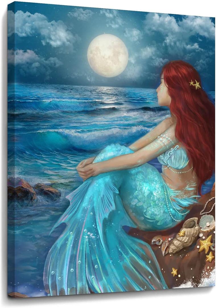 SDYA Girl Wall Decorations Blue Ocean Wall Art Bedroom Decor for Women Moon Night Wall Painting Shell Canvas Prints Size 12"x 16"
