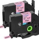 2 Pack Cruxer Compatible for P-Touch Embellish Black Print on Pink Satin Ribbon TZE RE31 12mm 1/2" (0.47 Inch) Label Tape Replacement for P-Touch PT-D215e PTD210 H110 D400AD Cube Label Makers