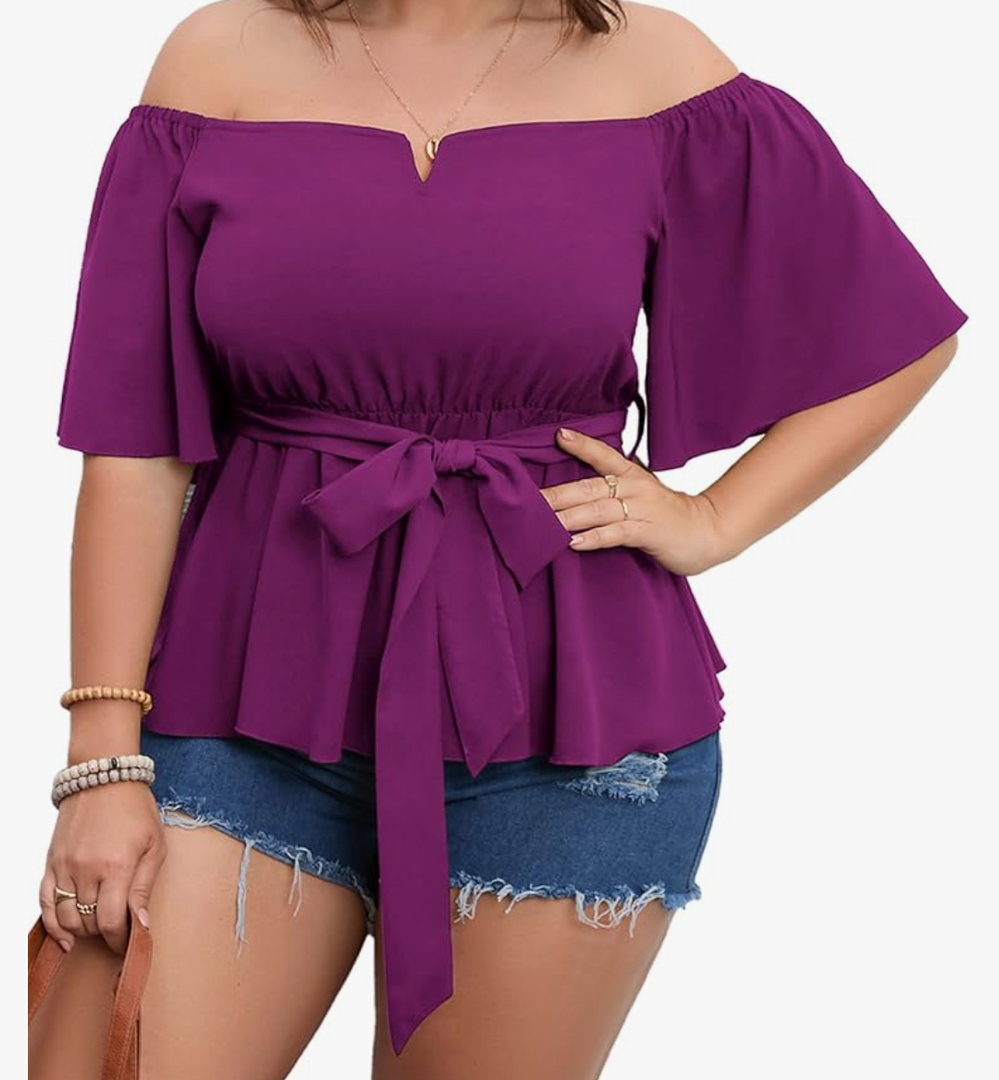 SCOMCHIC Women's Plus Size Off The Shoulder Peplum Blouse Top Half Bell Sleeve Tie Waist Ruffle Hem Babydoll Tops, Size XL