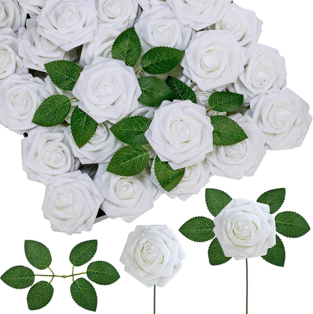 Winlyn 50 pcs Real Touch White Roses with Stems & Silk Leaves - Bulk Artificial Flowers for Weddings Centerpieces Floral Arrangements Baby Showers Birthday AnniversariesParty Decorations Crafts