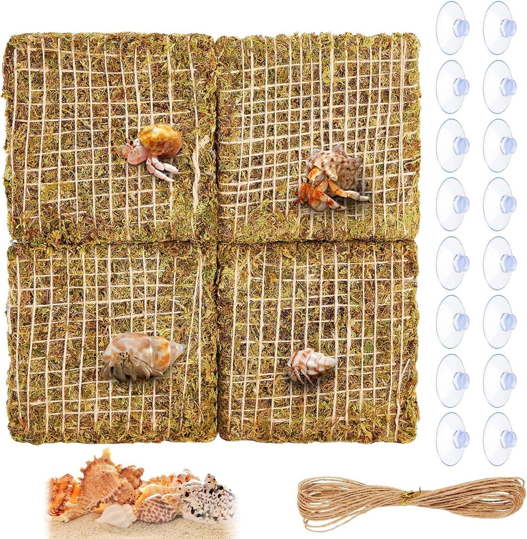 Ripeng 4 Pcs 6 Inch Hermit Crab Climbing Wall Adjustable Reptile Decor with 16 Suction Cups Hook and 1 Hemp Rope for 10 Gallon Tank Hermit Crab Supplies Fish Tank Decorations Climbing Toy