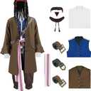 Men Pirate Costume Jack Sparrow Coat Vest Sash Pants Belt Goatee Beads Halloween Renaissance Party Outfit Brown (Medium)