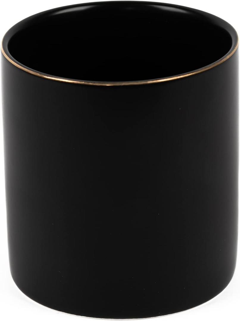 HANKOR Ceramic Pencil Holder for Desk - Cute Gold Trim Pen Aesthetic Makeup Brush Cup Holder Organizer for Desktop Storage Stationery Office Home Supplies, Black