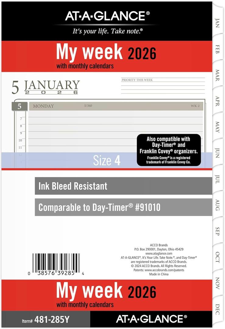 AT-A-GLANCE 2026 Planner Refill, Weekly & Monthly, 5.5" x 8.5", Desk Size 4, Loose-Leaf (481-285Y-26)