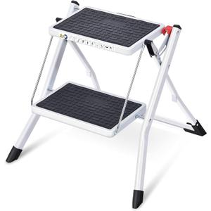 KINGRACK Folding Step, 2 stepsStepladder, Foldable, Ladder with Non-Slip Rubber mat, Step Stool with Release Button, Lightweight Steel, for up to 150 kg.