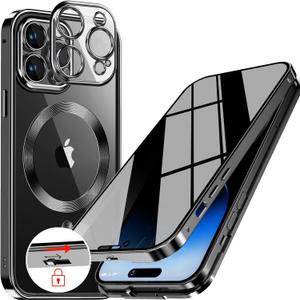 [CD Metal Ring & Safety Lock Full Body Privacy Case for iPhone 14 Pro Max [Compatible with MagSafe] [Integrated Lens Protection] Slim Metal Plating Bumper Clear Double-Sided Cover-Black