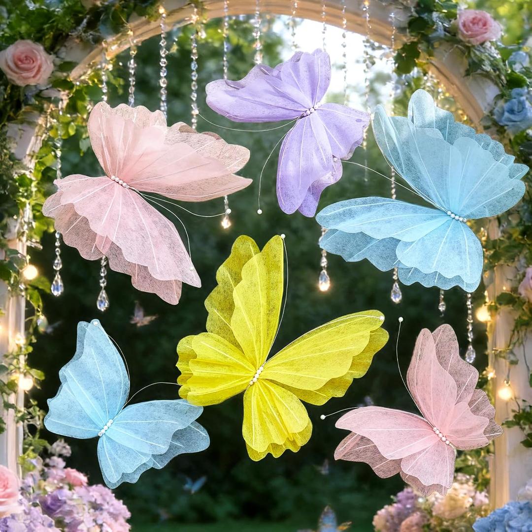 SUNBEAUTY 6 Pcs Large Butterflies Party Decorations, 20 Inch 16 Inch Hanging Butterflies 3D Colorful Pink Purple Yellow Butterfly Decorations for Baby Shower Wedding Ceiling Flower Garden Decor