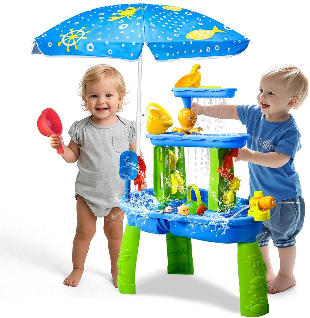 AuntyFey Water Table for Toddlers 1-3-5, Toddler Sand Table, Kids Water Table with Umbrella for Outside Kids Ages 4-8, Bright Blue, 28.66*23.37 Inch