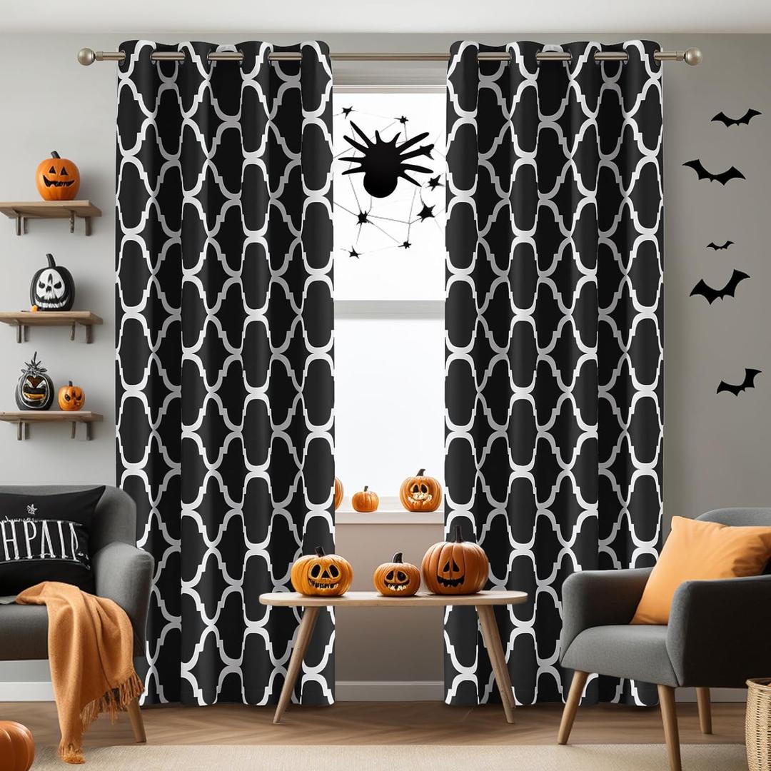 Melodieux Moroccan Printed Room Darkening Blackout Grommet Curtains for Living Room Bedroom, 52 by 84 Inch, Black (2 Panels)