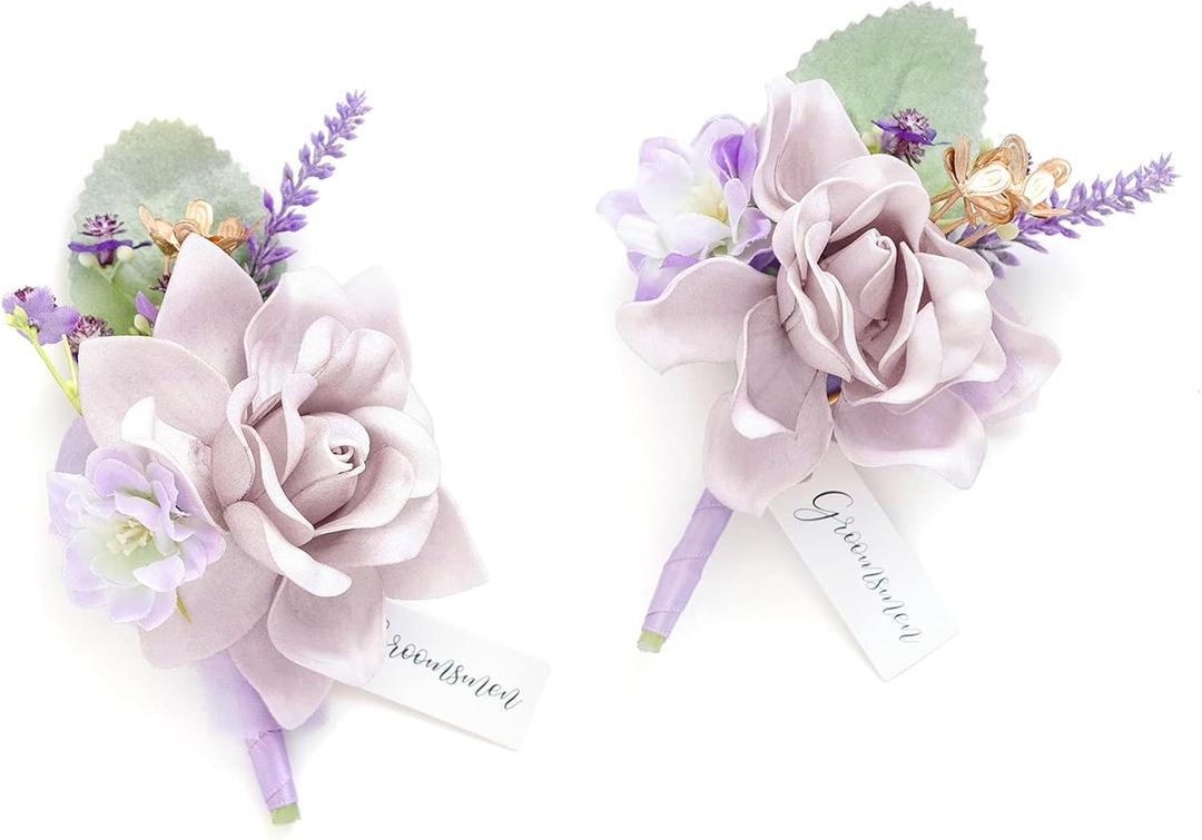 Ling's moment Boutonniere for Men, 2pcs Groom Groomsmen Guest Boutonniere, Artificial Flowers for Wedding/Prom/Homecoming, etc.Lilac Lavender Purple
