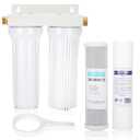 External RV Dual Water Filter System Includes Mounting Bracket and Two Filters, Two 3/4" GHT Brass Fittings For RVs, Yachts, Homes, Boats For Reducing Sediment, Rust, Scale Particles and Chlorine Odor