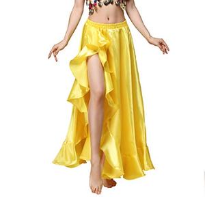 MUNAFIE Belly Dance Skirt Satin Split Side Long Skirts for Women Yellow, Size Small