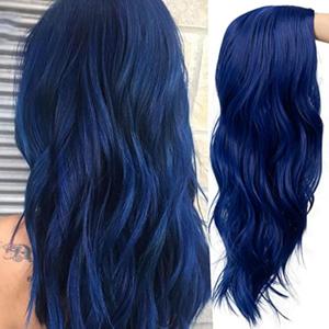 Baruisi Blue Wigs for Women Long Curly Wavy Synthetic Hair Wig Natural Middle Parting Heat Resistant Costume Cosplay Use