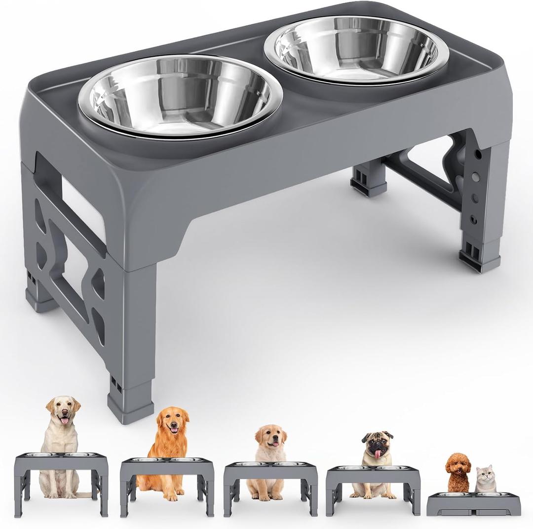 Elevated Dog Bowls for Medium Large Dogs - 5 Height Adjustable Mess Proof Raised Bowl Stand with 2 44oz Stainless Steel Food Bowls Dish Set Adjusts to 3.54-12.13 Non-Slip Grey (Gray)