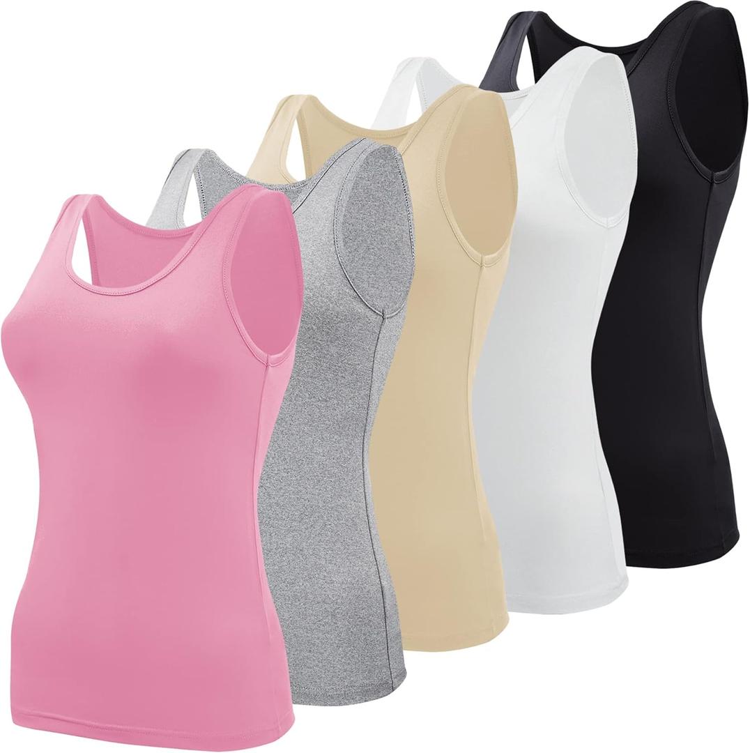 BQTQ 5 Pcs Basic Tank Tops for Women Undershirt Tank Top Sleeveless Under Shirts (Small, Black, White, Gray, Pink, Beige)