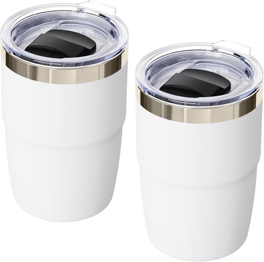 8 oz Small Coffee Cup with Magnetic Lid, Ceramic-Lined 18/8 Stainless Steel, Double-Wall Vacuum Insulated, Stackable, Dishwasher Safe, Mini Tumbler for On-the-Go, 2 Pack, White