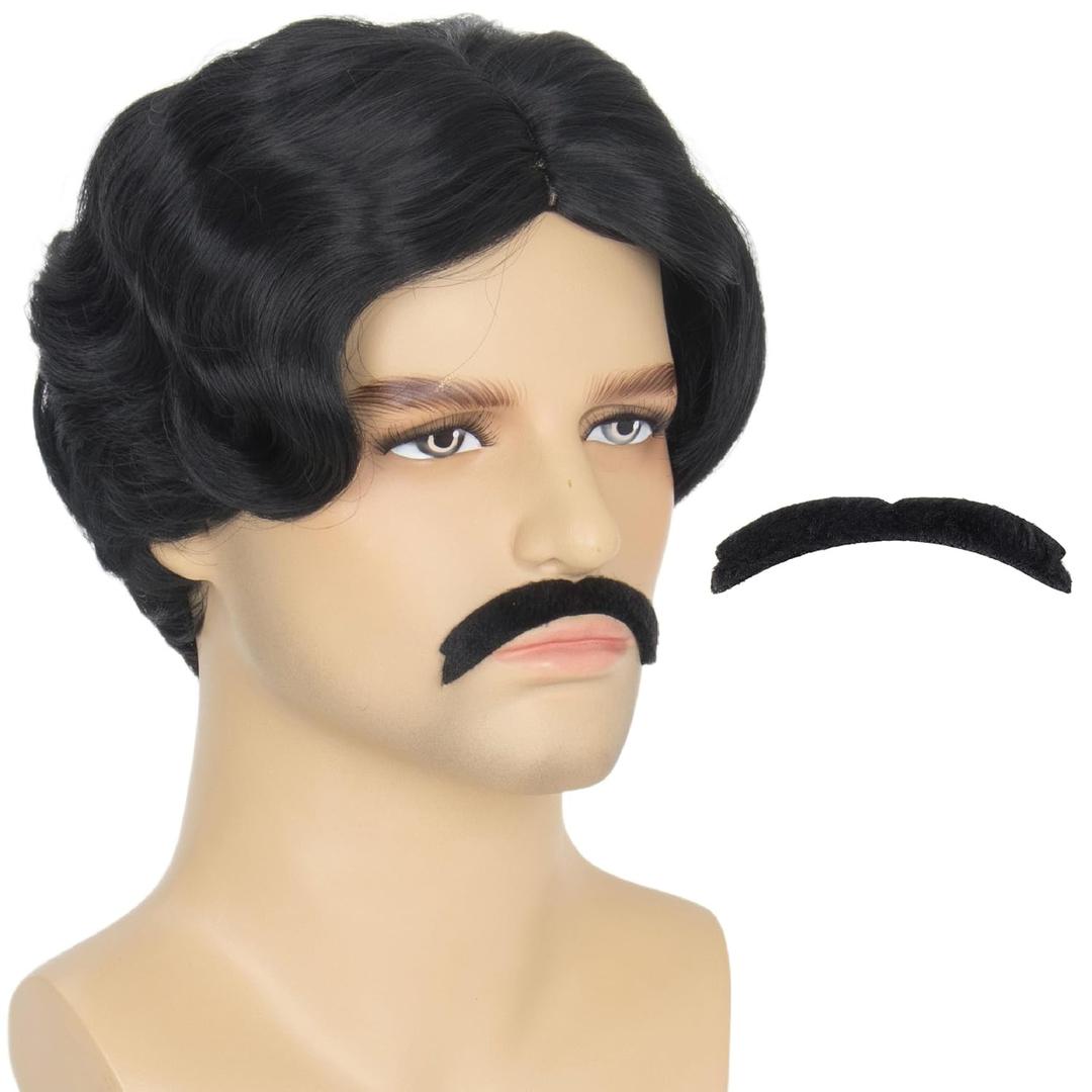 Miss U Hair Men's Black Short Wavy Wig and Fake Mustache Middle Part Funny Retro Cosplay Party Wig