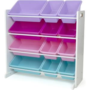 Humble Crew Kids Toy Storage Organizer with 12 Plastic Bins, White/Pink/Purple/Turquoise  Removable Bins for Playroom, Bedroom, Toddler Furniture for Boys and Girls Ages