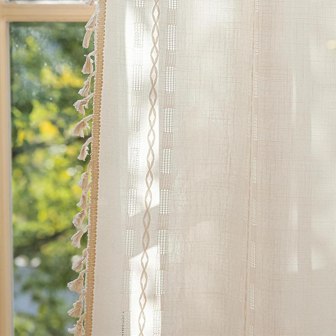 Deeprove Cream White Boho Curtain 84 inches Length for Living Room Bedroom Nursery Doorway Cream Bohemian 84 inches Long Western Stripe Embroidery Privacy Window Fringe Decor W52 x L84, 1 Panel