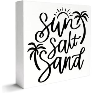 Pack of 4 Beach Decor Wooden Box Sign, Beach Room Home Bedroom Bathroom Decor Beach House Ocean Coastal Sea Decoration, Sun Salt Sand, Beach Gifts for Women Men