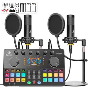 Podcast Equipment Bundle for 2 with Dual XLR3.5 Condenser Micophones with Mic Pop Filters Audio Equipment for Live Streaming/Recording, Online Gaming for Phone/Laptop/PC Audio Interface M100