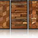 Glenmal 3 Pcs Wood Wall Art Decor 14 x 7 Inch Textured Wooden Wall Art Aesthetic Rustic Cubic Hanging Decor Framed Decorative Farmhouse Bedroom Boho Modern Home Decorations for Living Room