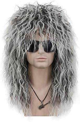 VGbeaty Adult Men Women Long Curly Gray Gradient White Wig 70s 80s Rocker Mullet Halloween Costume Cosplay Wig