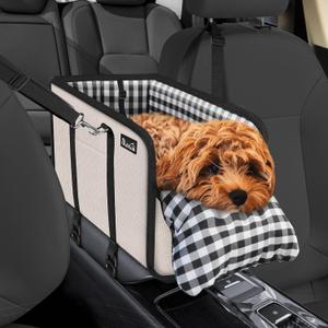 SlowTon Console Dog Car Seat - Portable Dogs Armrest Booster Seat for Small Dog, Anti-Collapse Pet Car Seat with Soft Cushion Safety Belt, Support Pet Up to 11lbs(Beige)