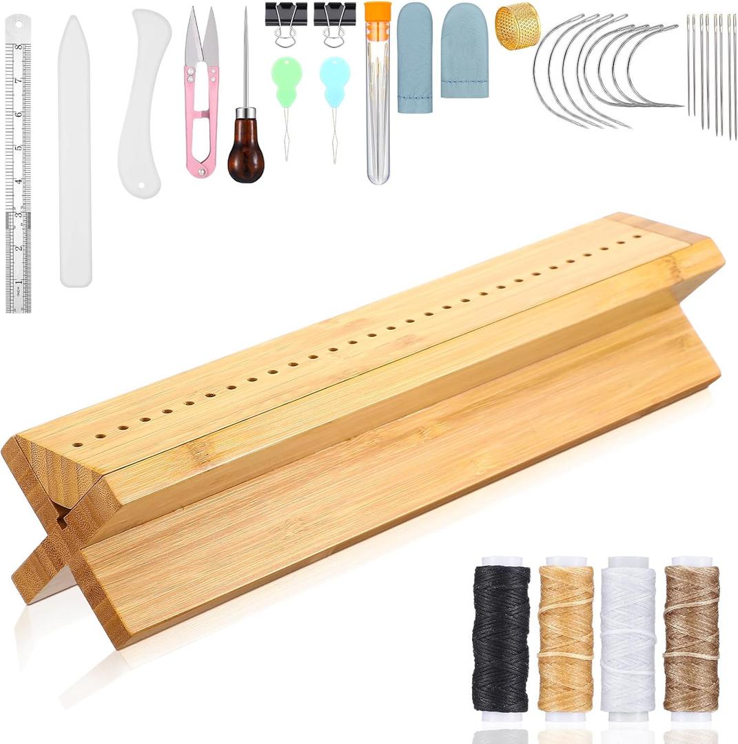 Briwooody 34 Pcs Book Binding Kit with Cradle Complete Book Making Supplies Journal Repair Tools Bamboo Cradle, Awl, Bone Folder, Waxed Thread, Needle, Binder Paper Clips for Paper Card Crafts