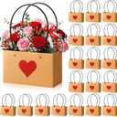 Tinlade 24 Pack Mother's Day Flower Gift Bags, Kraft Paper Heart Bouquet Bags with Handles for Arrangements, Waterproof Lining, Brown Red, for Mother's Day, Wedding, Gift Wrapping, Party Favors