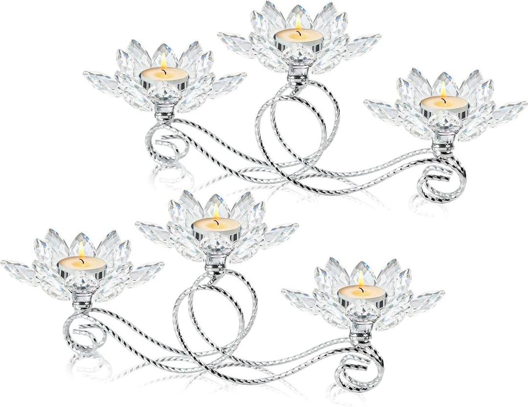 2Pcs Siver Kehail Crystal Metal Tea Light Candle Holder Set, 3-Arm Flower Shaped Crystal Votive Candlestick Holders for Table Centerpiece, Wedding Shower, Party and Home Decor (Silver)