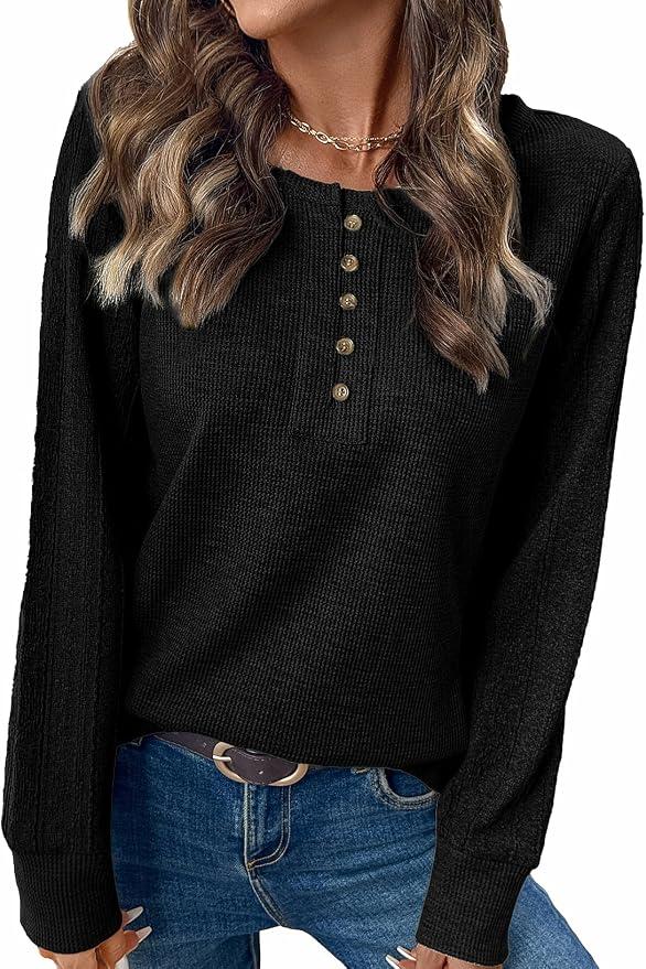 BLENCOT Womens Long Sleeve Button Neck Tops Casual Crewneck Waffle Patchwork Knit Textured T Shirts Trendy Pullover Tops Black, XL