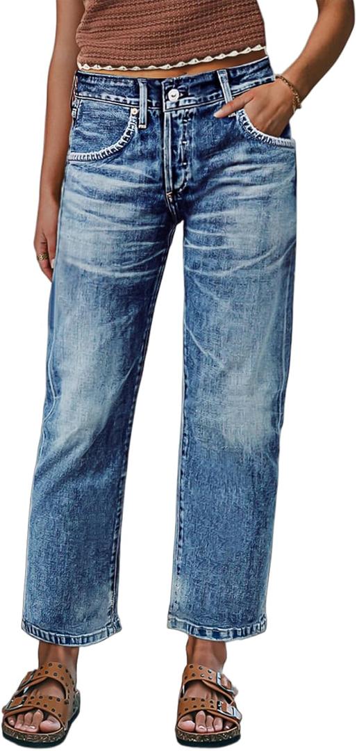 Flamingals Straight Leg Crop Jeans for Women Wash Raw Hem Mid Waist JeansL