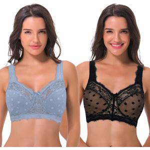 Curve Muse Women's Plus Size Minimizer Unlined Wireless Lace Full Coverage Bras (48B, Black,lt Blue(2 Pack))