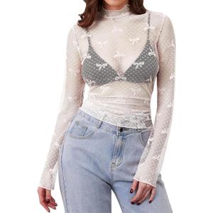 Women Lace Mesh Bow Knot Long Sleeve Tops Mock Neck See Through Sexy Blouse Shirts Sheer Layering Clubwear (White, S)