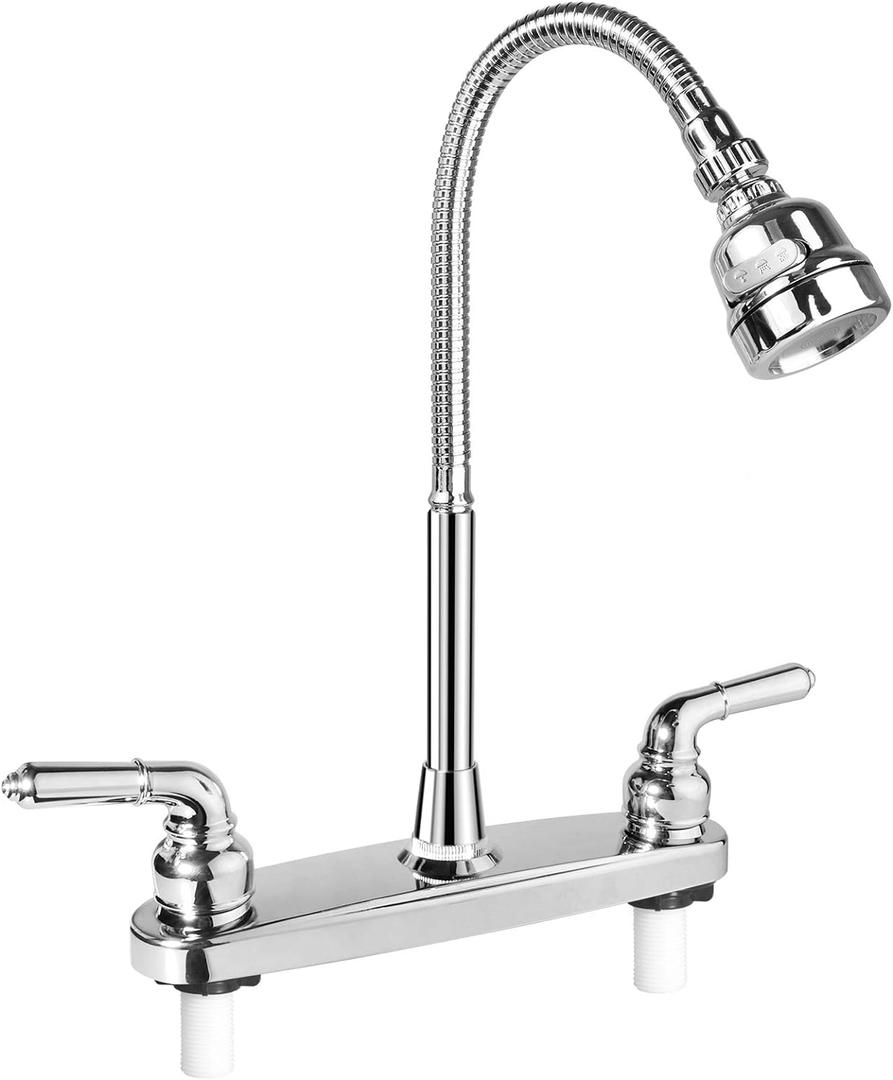 RV Kitchen Faucet,Camper RV Sink Faucets Kitchen Replacement with Flexible Arc 360 Degree Rotatable Sprayer for Campers,Motorhomes,Travel Trailers,8 inch 2 Hole,Non-Metallic,Chrome